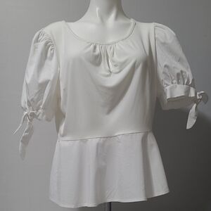7TH AVENUE WHITE PEPLUM PUFF SLEEVE BLOUSE 2 MATERIALS COTTON BLEND KEY HOLE L